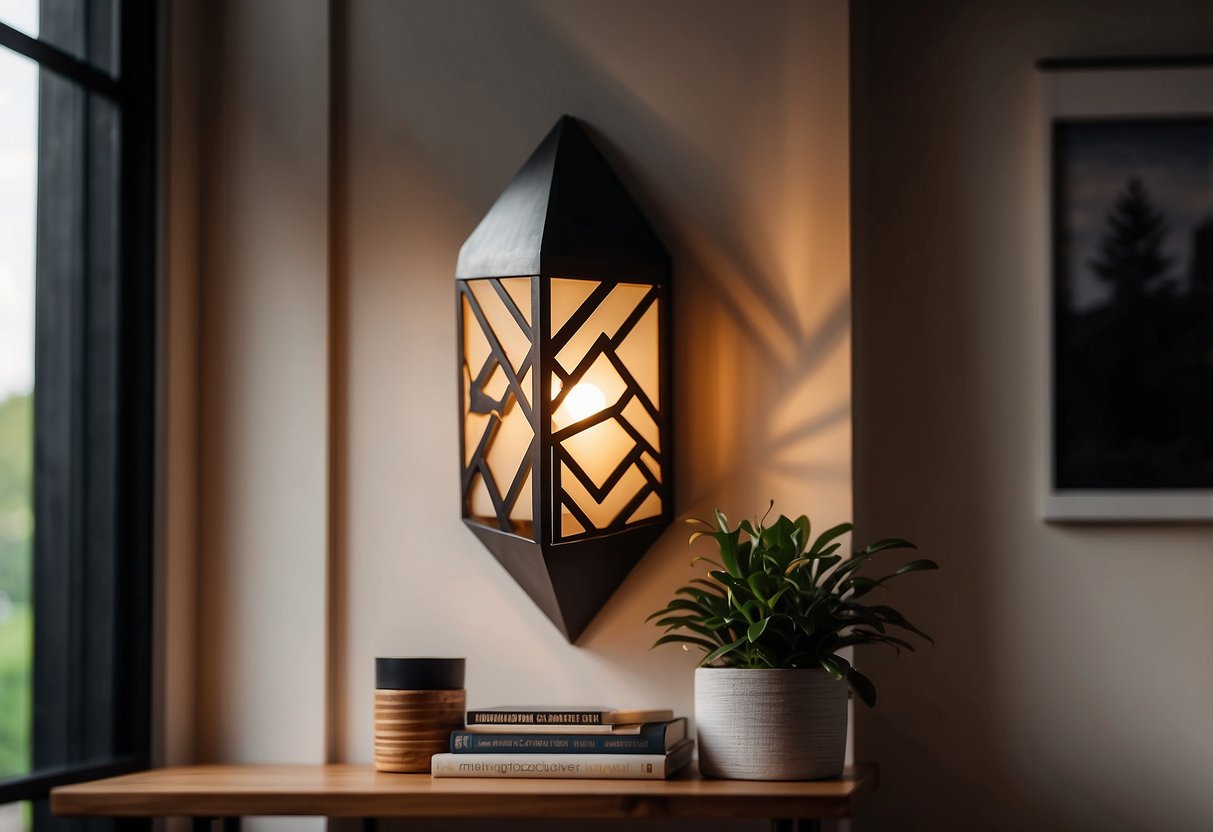 A geometric wall sconce illuminates a cozy corner of a modern tiny home, casting intricate shadows against the sleek, minimalist decor