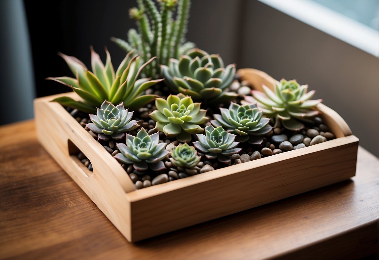 A small wooden tray holds a variety of mini succulents arranged in a minimalist and modern style, creating a charming tiny home decor idea