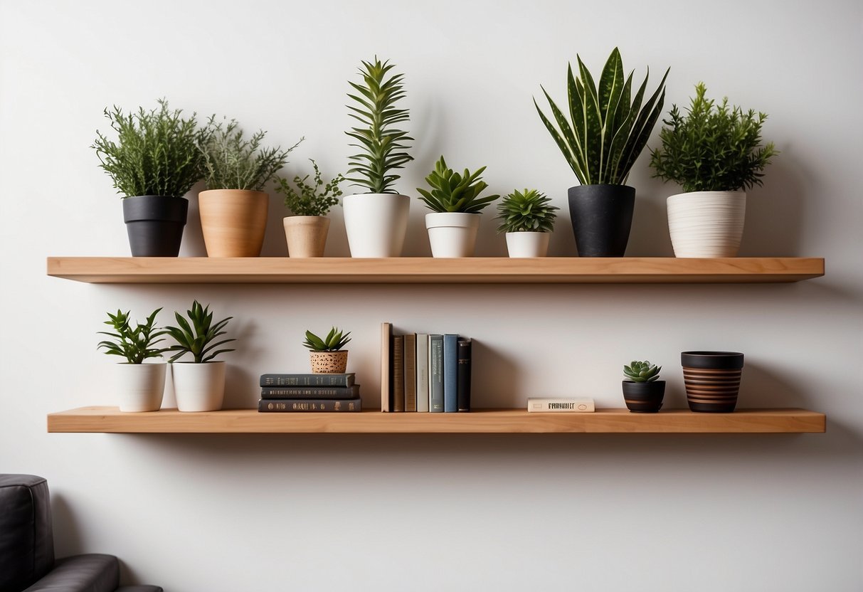 Maple wood floating shelves hang on a white wall, adorned with small potted plants, books, and minimalist decor