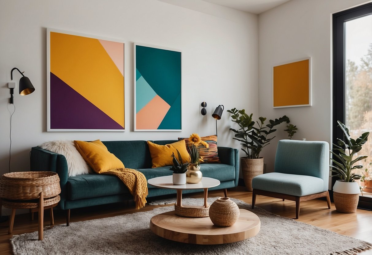 Vibrant abstract art prints adorn minimalist walls in a cozy, tiny home. Geometric shapes and bold colors create a modern, stylish decor