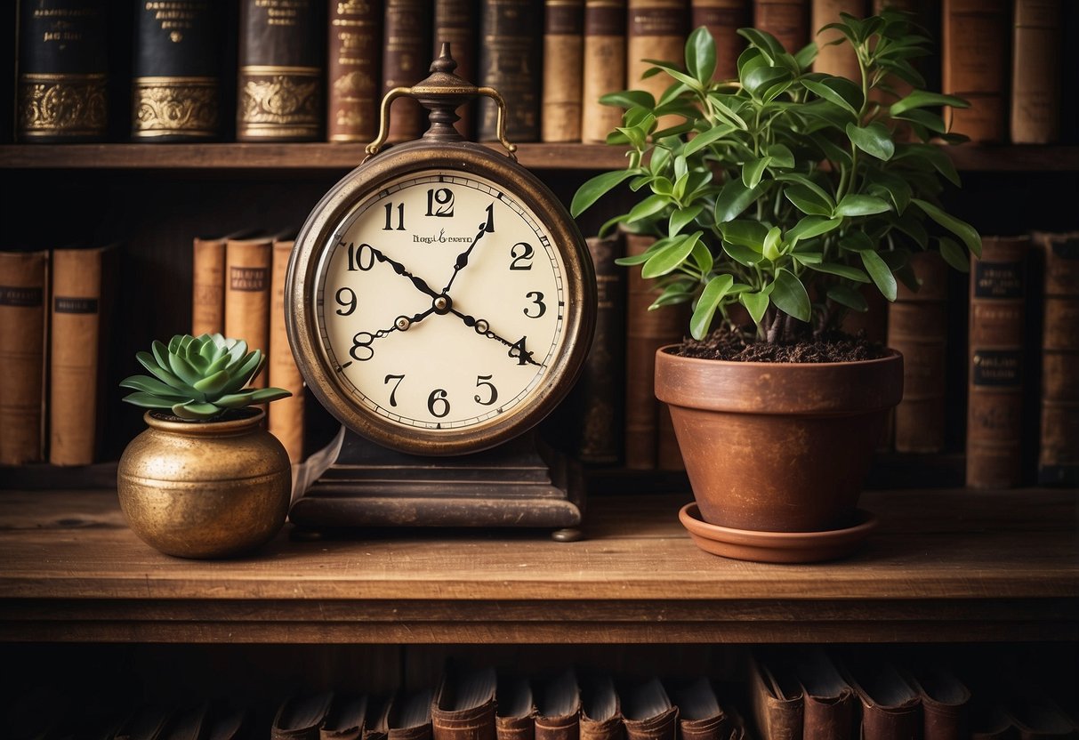 An antique-style wall clock hangs above a rustic wooden shelf, surrounded by vintage books and a small potted plant