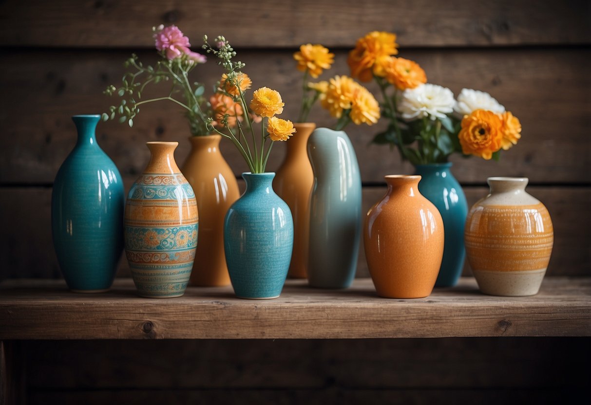 A display of vibrant, colorful ceramic vases arranged on a rustic wooden shelf, adding a pop of color and charm to a cozy home interior