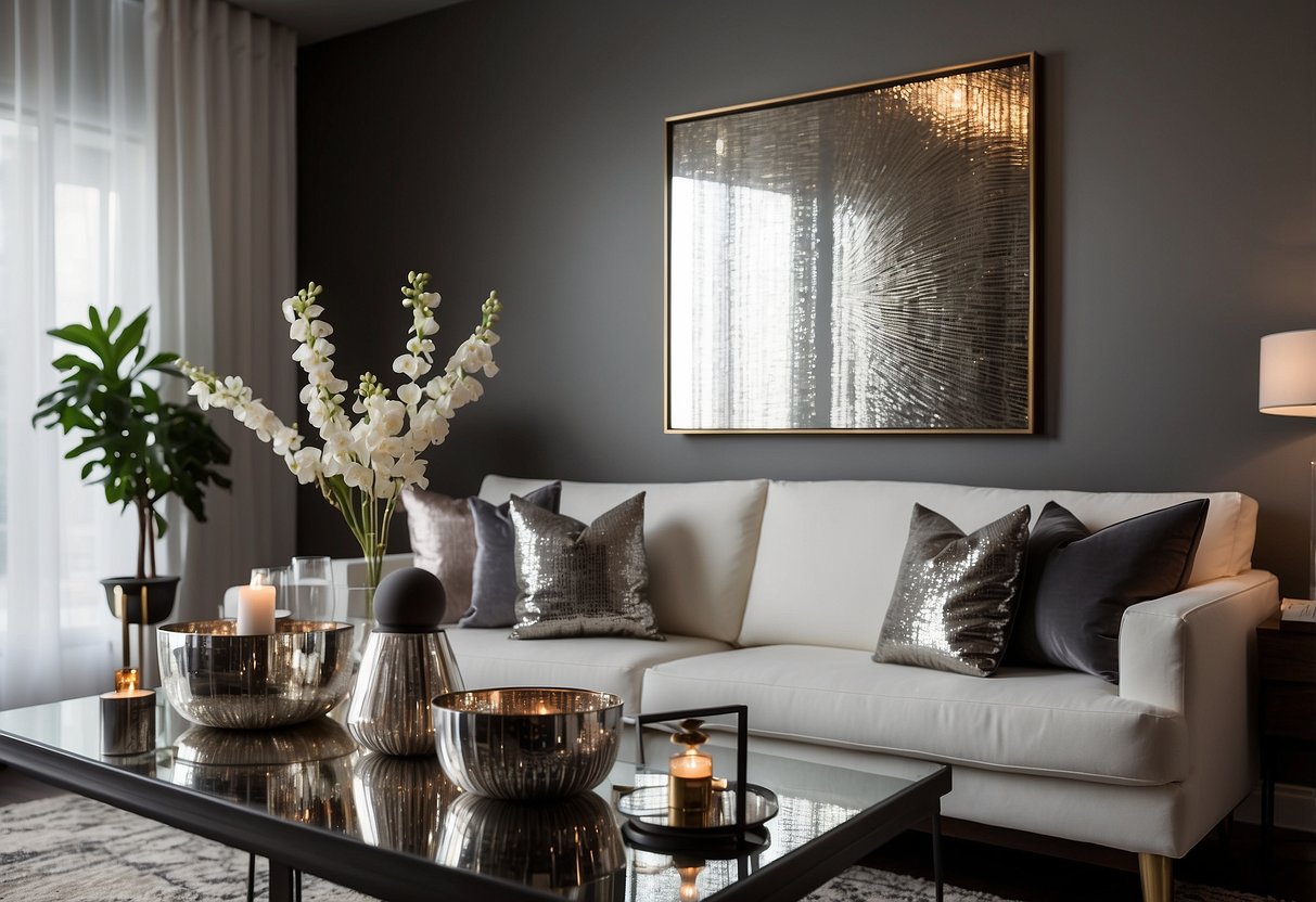 A sleek living room with silver accent pillows, metallic vases, and a shimmering wall art. Reflective surfaces and soft lighting create a modern and elegant ambiance