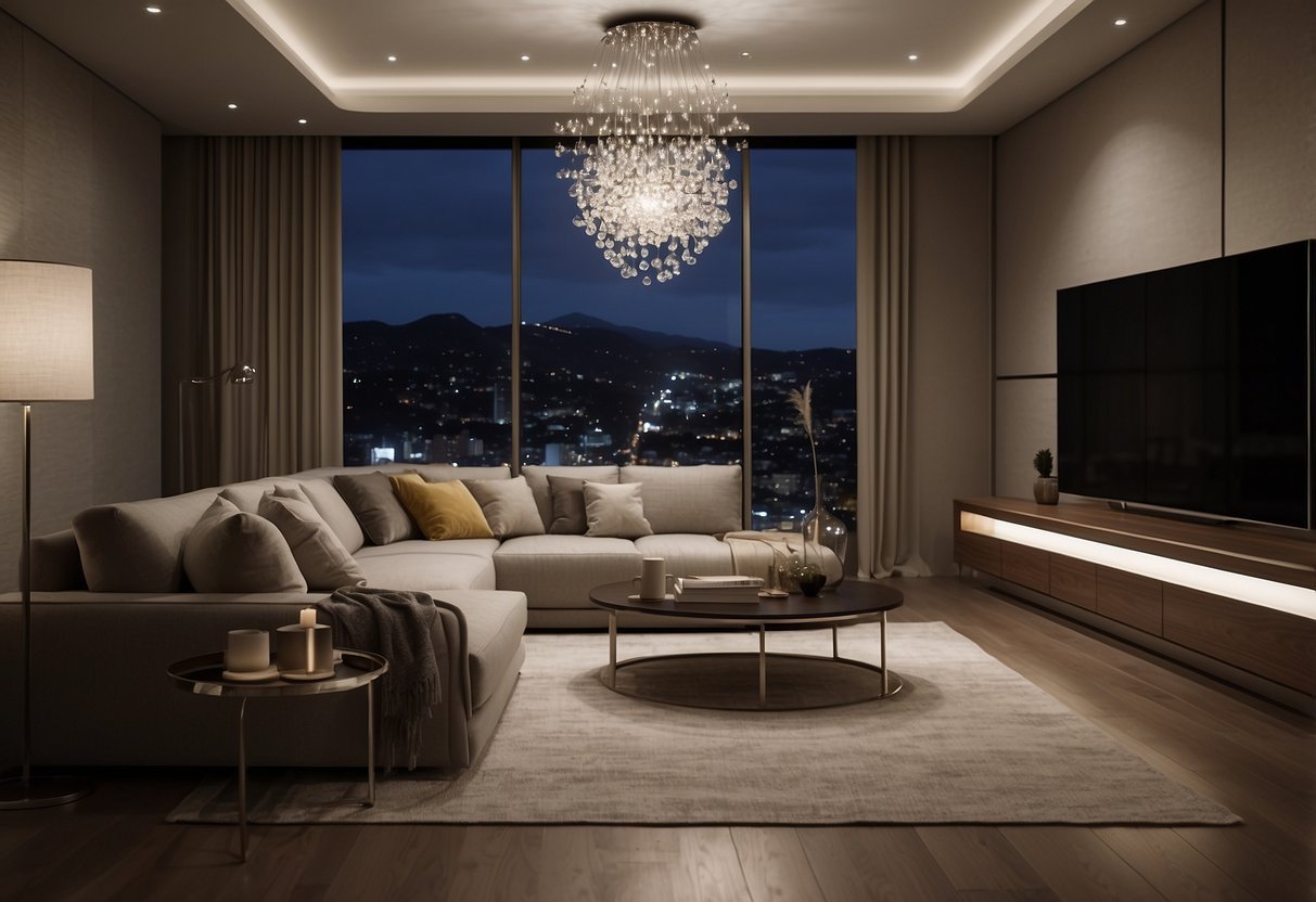 A modern living room with silver chrome pendant lighting hanging from the ceiling, casting a sleek and elegant glow over the space