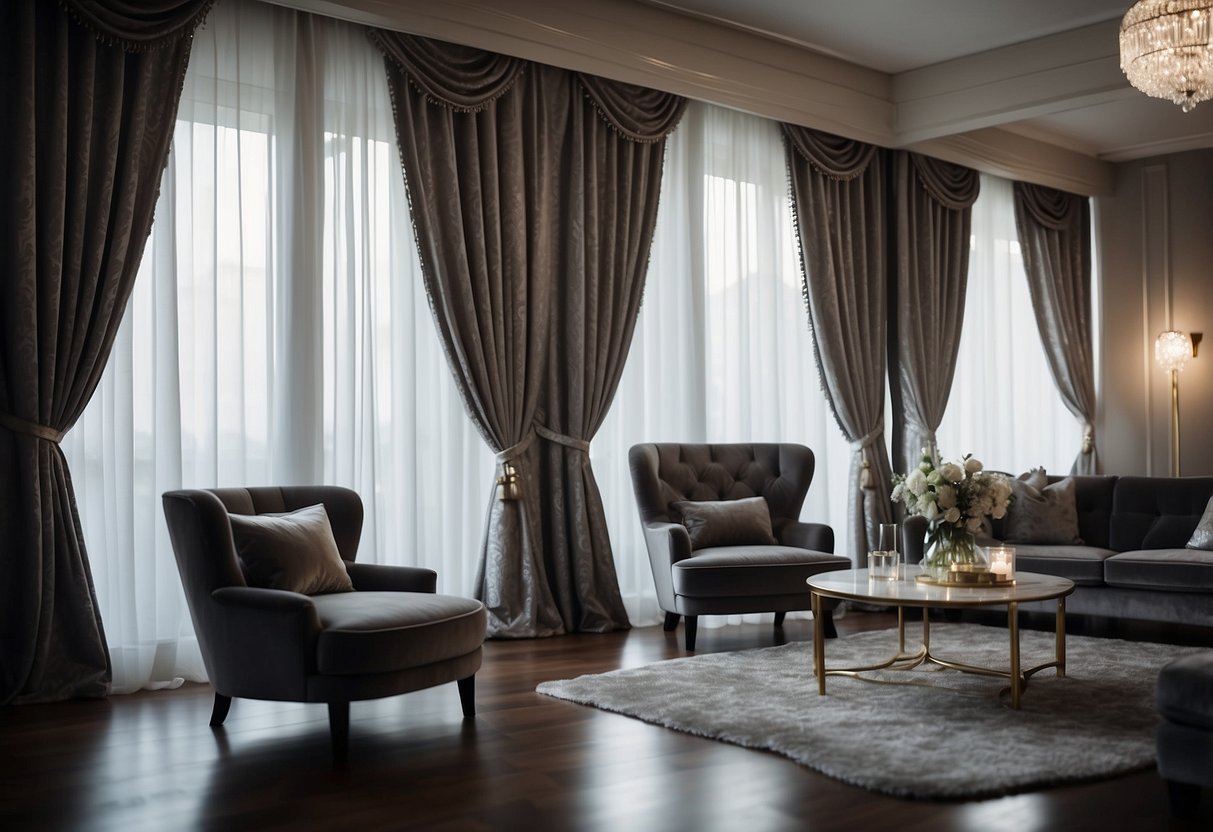 Silver velvet curtains hang elegantly, reflecting light in a luxurious home setting