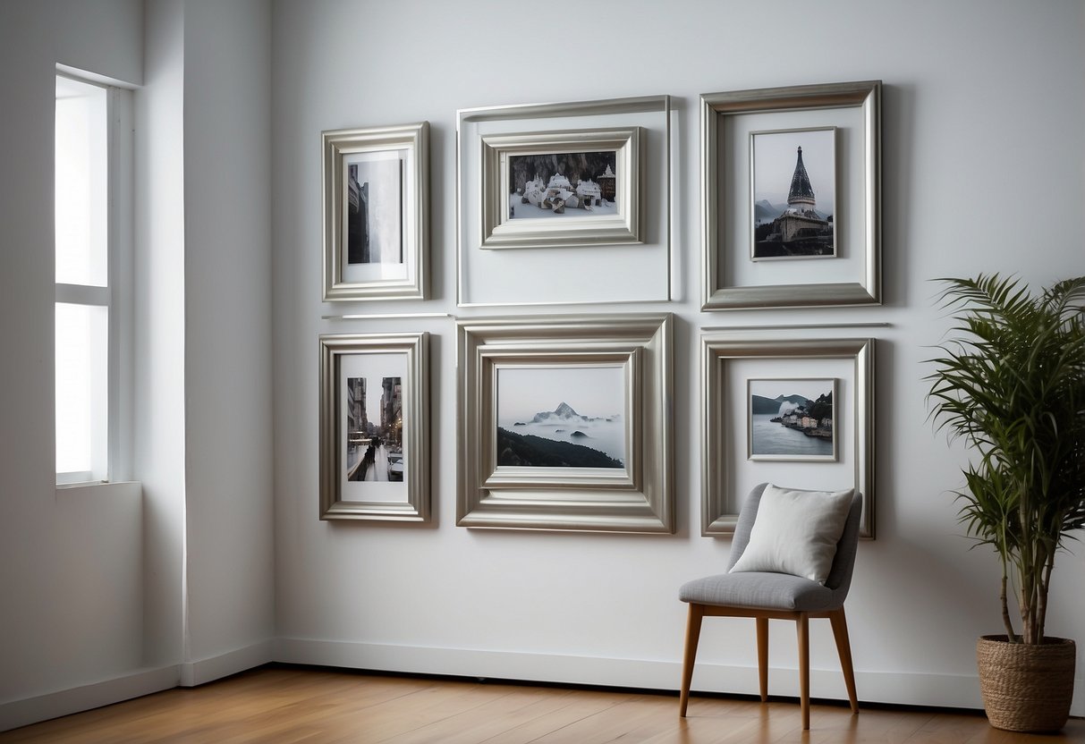 A collection of silver picture frames arranged on a white wall, reflecting light and adding a touch of elegance to the room