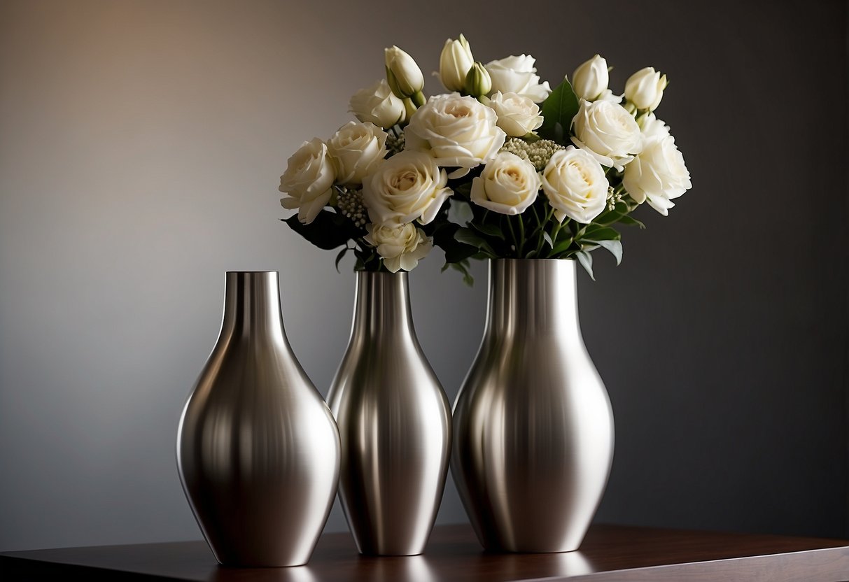 Three brushed nickel vases arranged on a sleek, modern table with soft lighting, creating an elegant and sophisticated home decor display