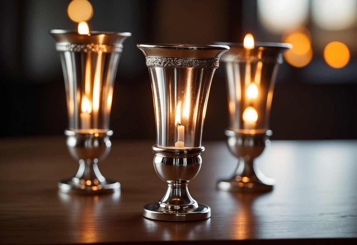 A pair of elegant silver candle holders sit on a polished wooden table, reflecting the warm glow of the flickering flames above them