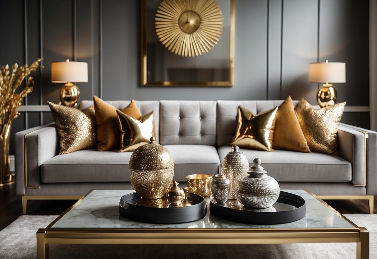 A luxurious living room with gold and silver accents: metallic throw pillows, gilded frames, and silver vases on a sleek coffee table