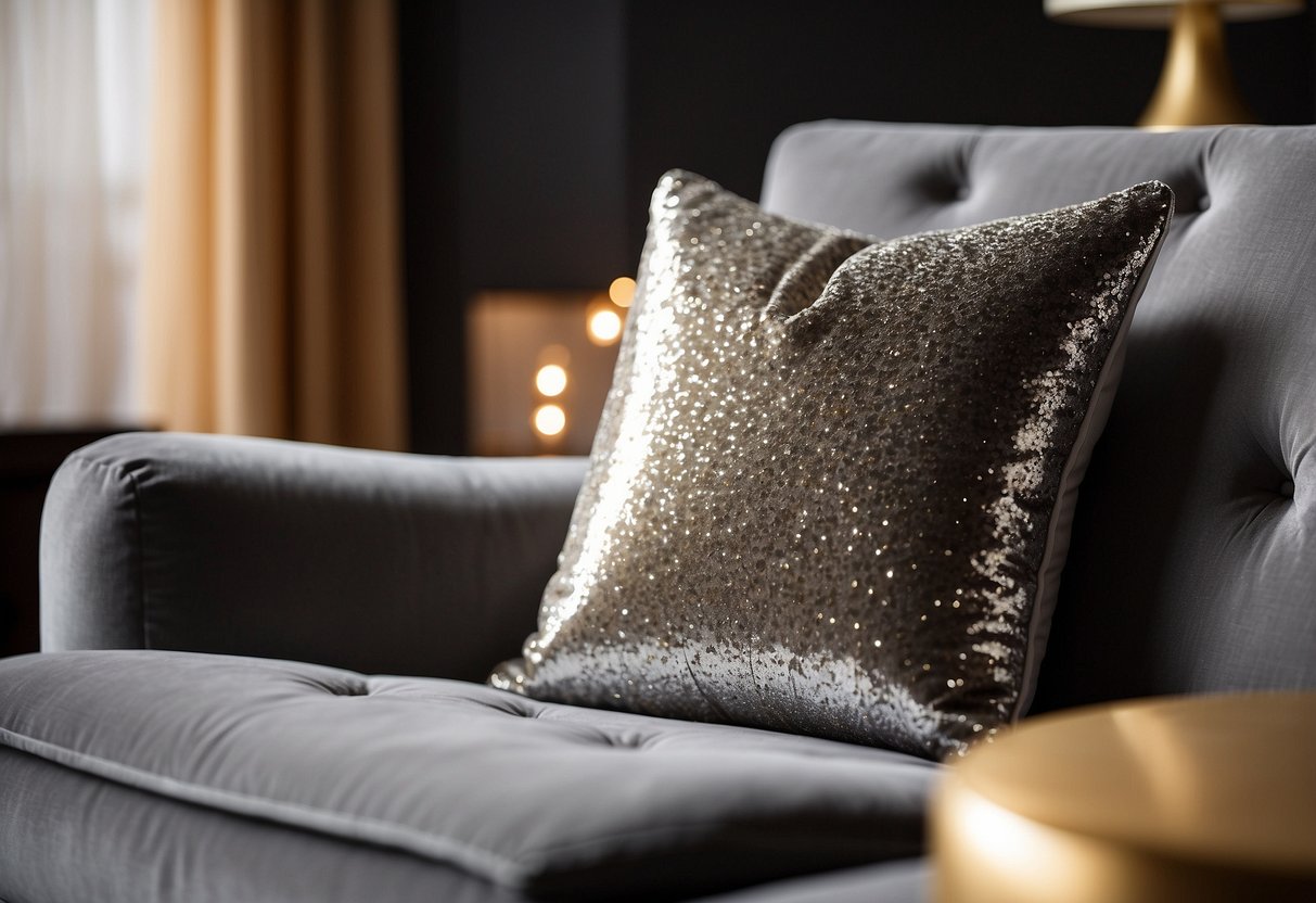 A luxurious silver velvet throw pillow sits on a plush couch, surrounded by gold and silver home decor accents