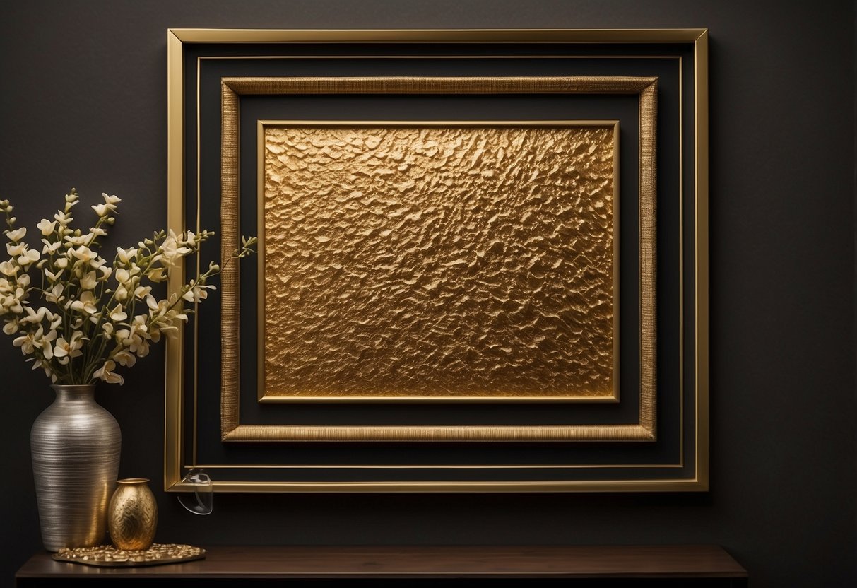 A gold-framed artwork hangs on a wall, surrounded by gold and silver home decor items