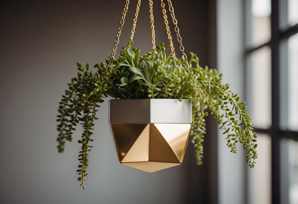 A gold geometric hanging planter is suspended by a thin silver chain against a neutral background