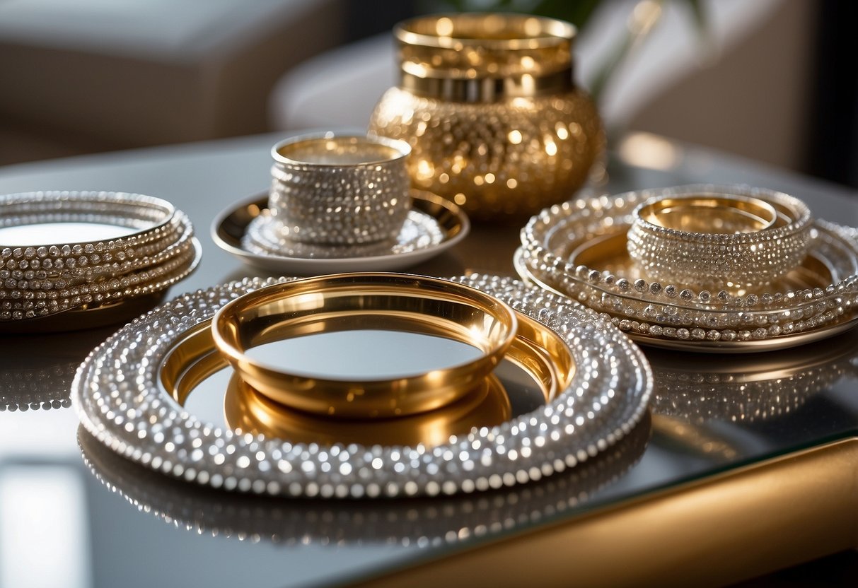 A set of silver beaded coasters arranged on a gold and silver table, surrounded by other luxurious home decor items