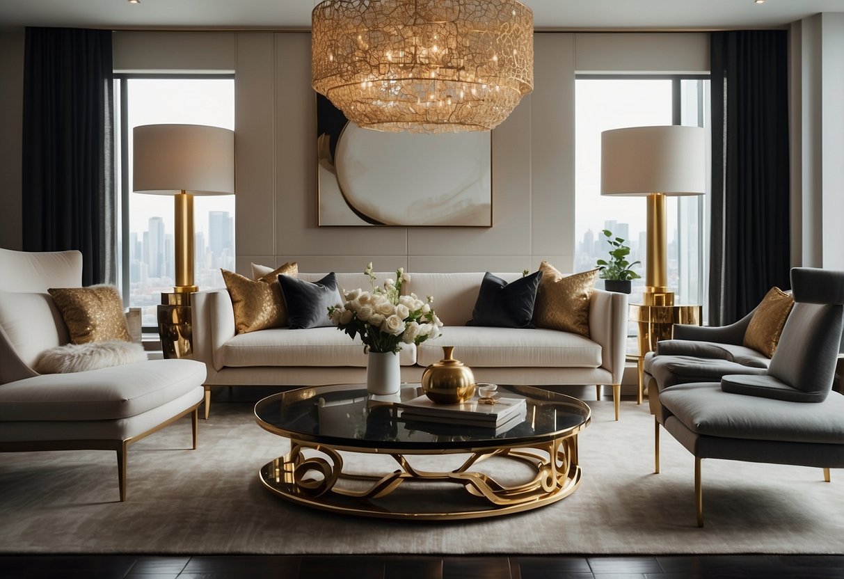 A luxurious, minimalist living room with gold and silver accents. Clean lines, soft lighting, and sleek furniture exude sophistication