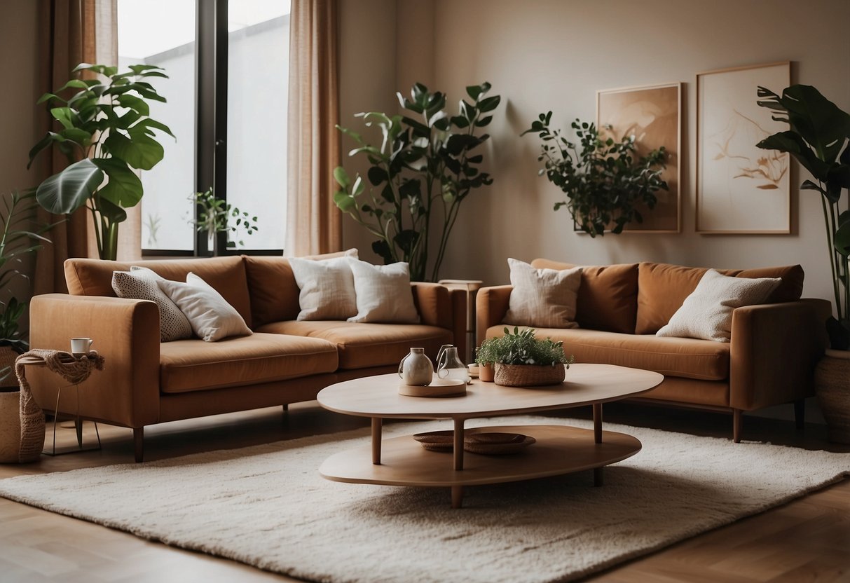 A cozy living room with warm, earthy tones, a plush rug, and lots of greenery. A gallery wall with minimalist art and soft, ambient lighting