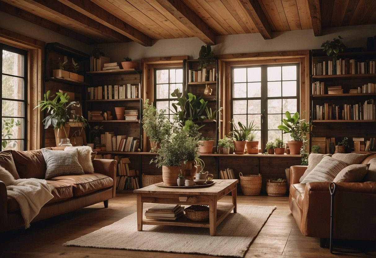 A cozy living room with rustic wood shelves filled with books, plants, and vintage decor. Warm lighting and earthy tones create a cozy atmosphere