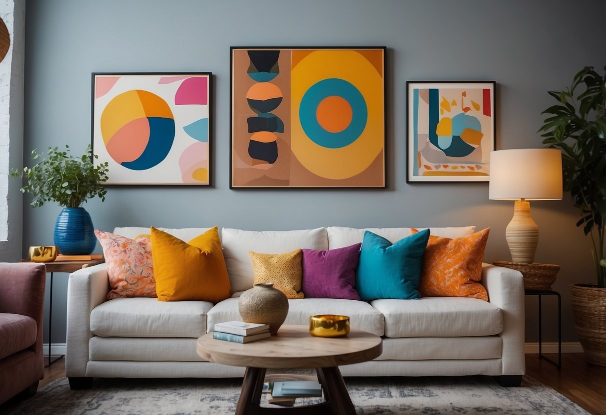 A cozy living room with colorful art on the walls, a variety of throw pillows, and decorative vases and sculptures on display