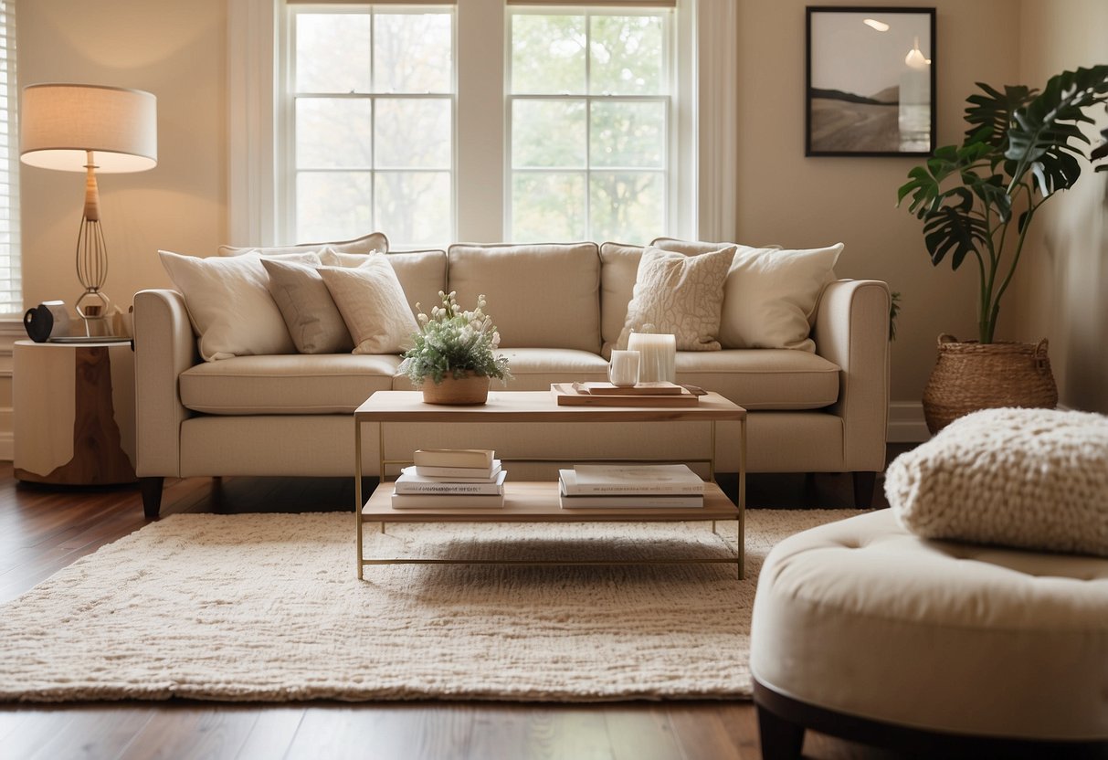 A cozy living room with beige walls, a soft cream-colored sofa, and matching throw pillows. A large beige area rug ties the room together, while decorative beige accents add warmth and depth to the space