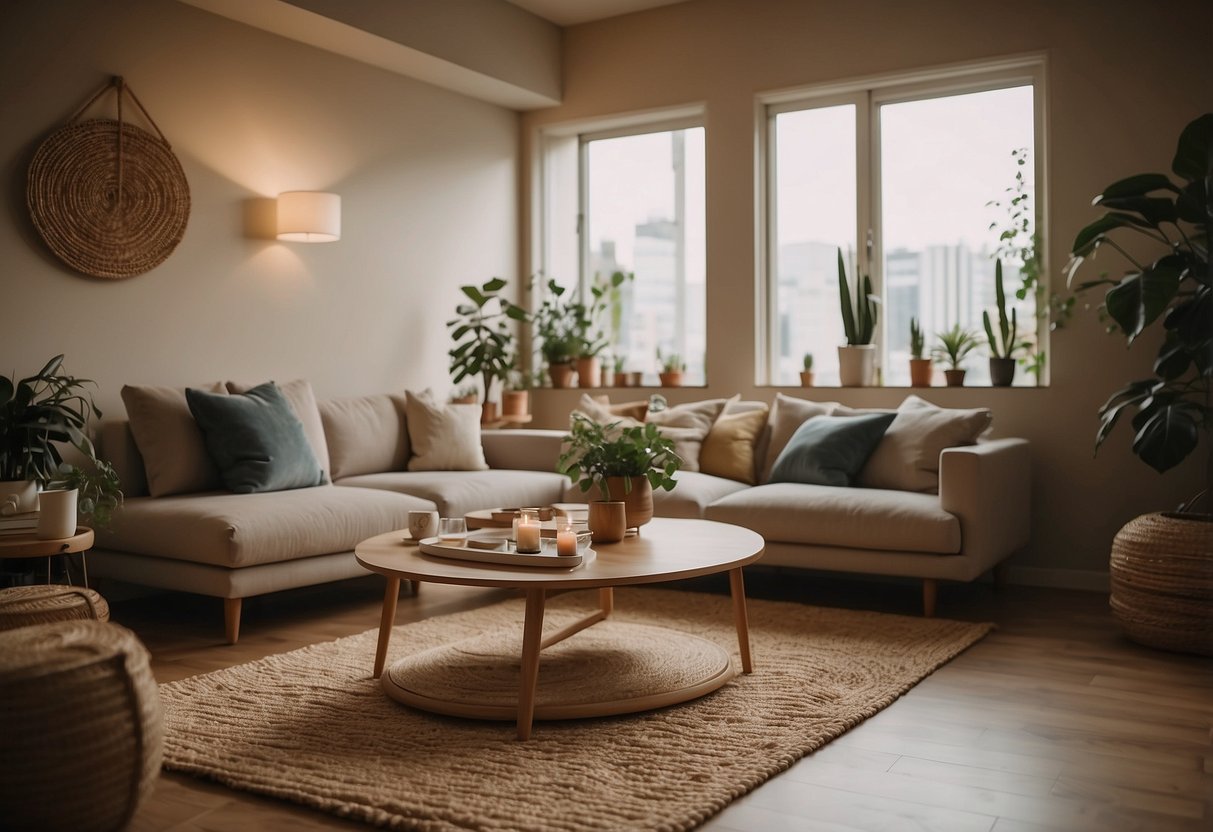 A cozy living room with a beige jute rug, surrounded by modern furniture and warm lighting