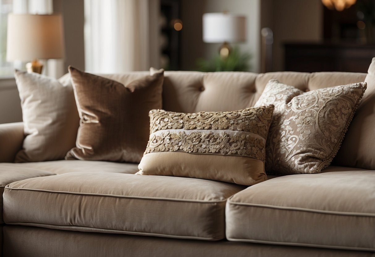 Taupe velvet throw pillows arranged on a beige sofa with decorative home elements around