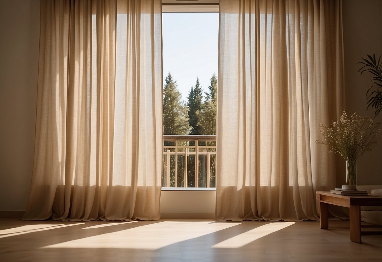 Sandy beige curtains hang elegantly in a sunlit room, complementing the warm, neutral home decor