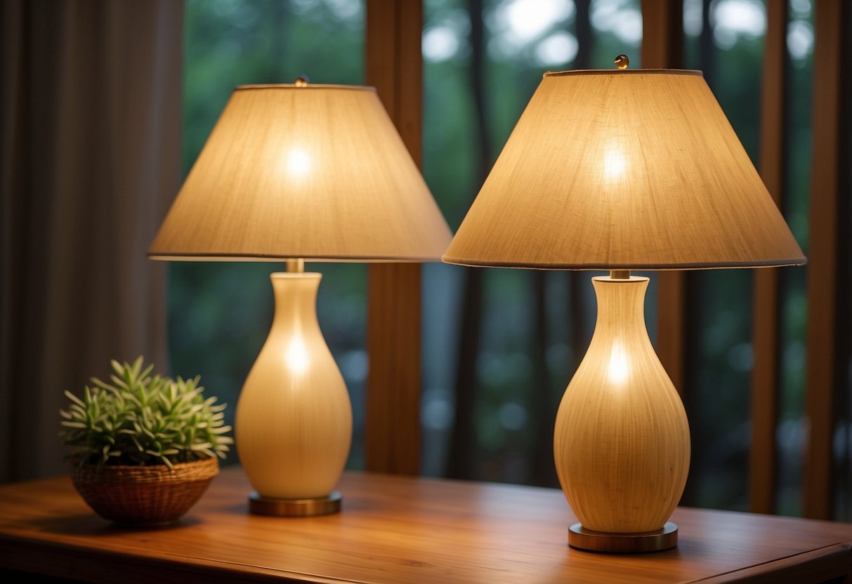 Two beige bamboo table lamps illuminate a cozy home decor setting