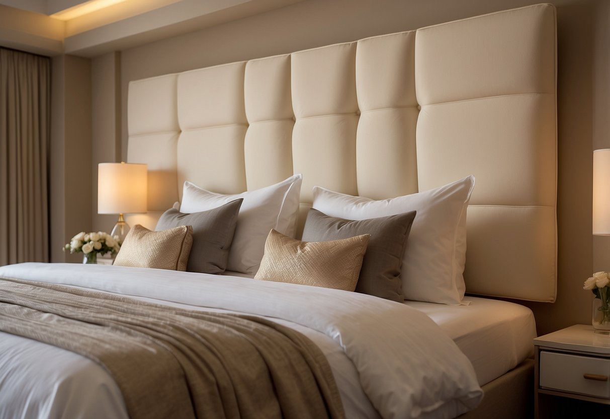 An ivory upholstered headboard stands against a beige wall, complemented by soft, neutral decor