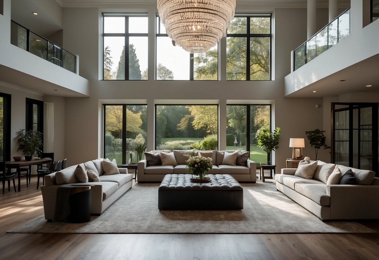 A spacious living room with modern furniture and large windows overlooking a lush garden. A grand staircase leads to an elegant dining area with a chandelier