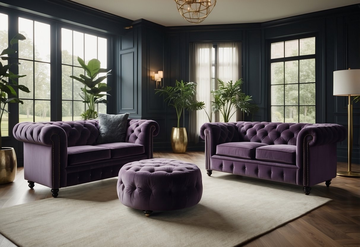 A luxurious velvet Chesterfield sofa sits in a spacious living room, surrounded by elegant home decor and bathed in natural light