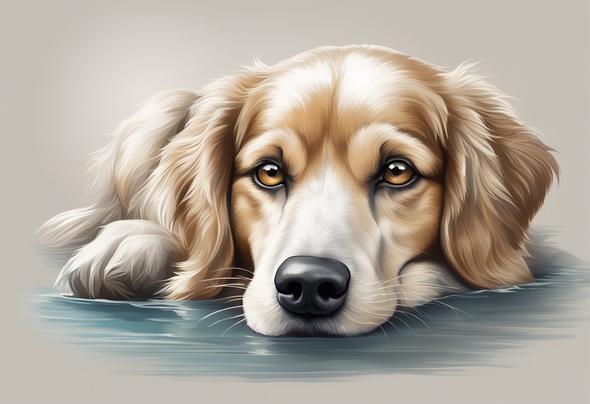 A dog with watery eyes, squinting and rubbing its face, with visible discharge and redness around the eyes