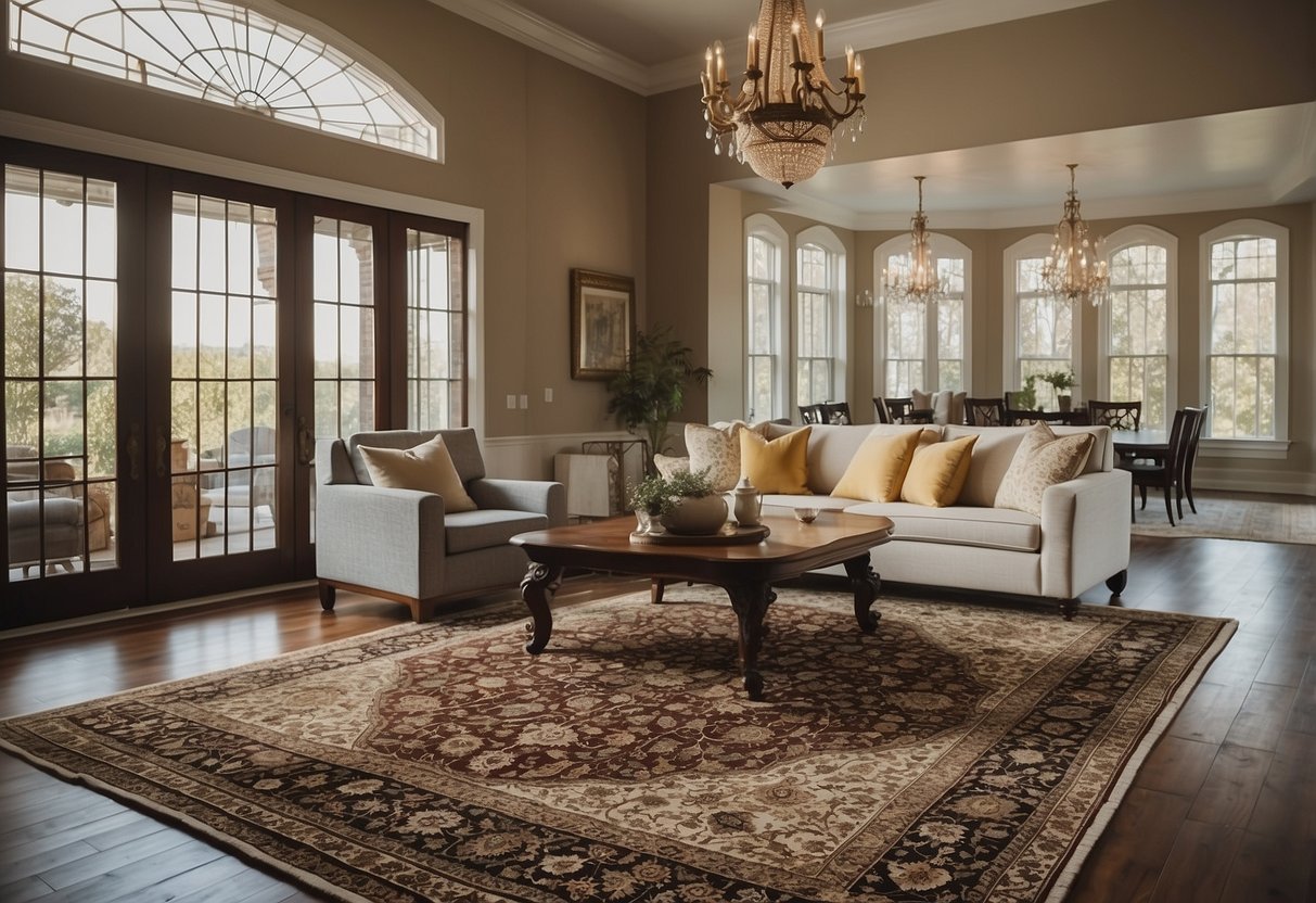 A large, ornate Persian rug adorns the hardwood floor of a spacious, well-lit living room in a grand, traditional home