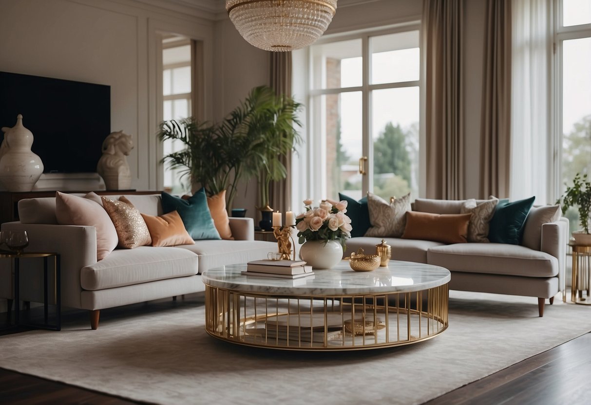 A spacious living room with a luxurious marble coffee table as the centerpiece, surrounded by elegant furniture and decorative accents in a big house