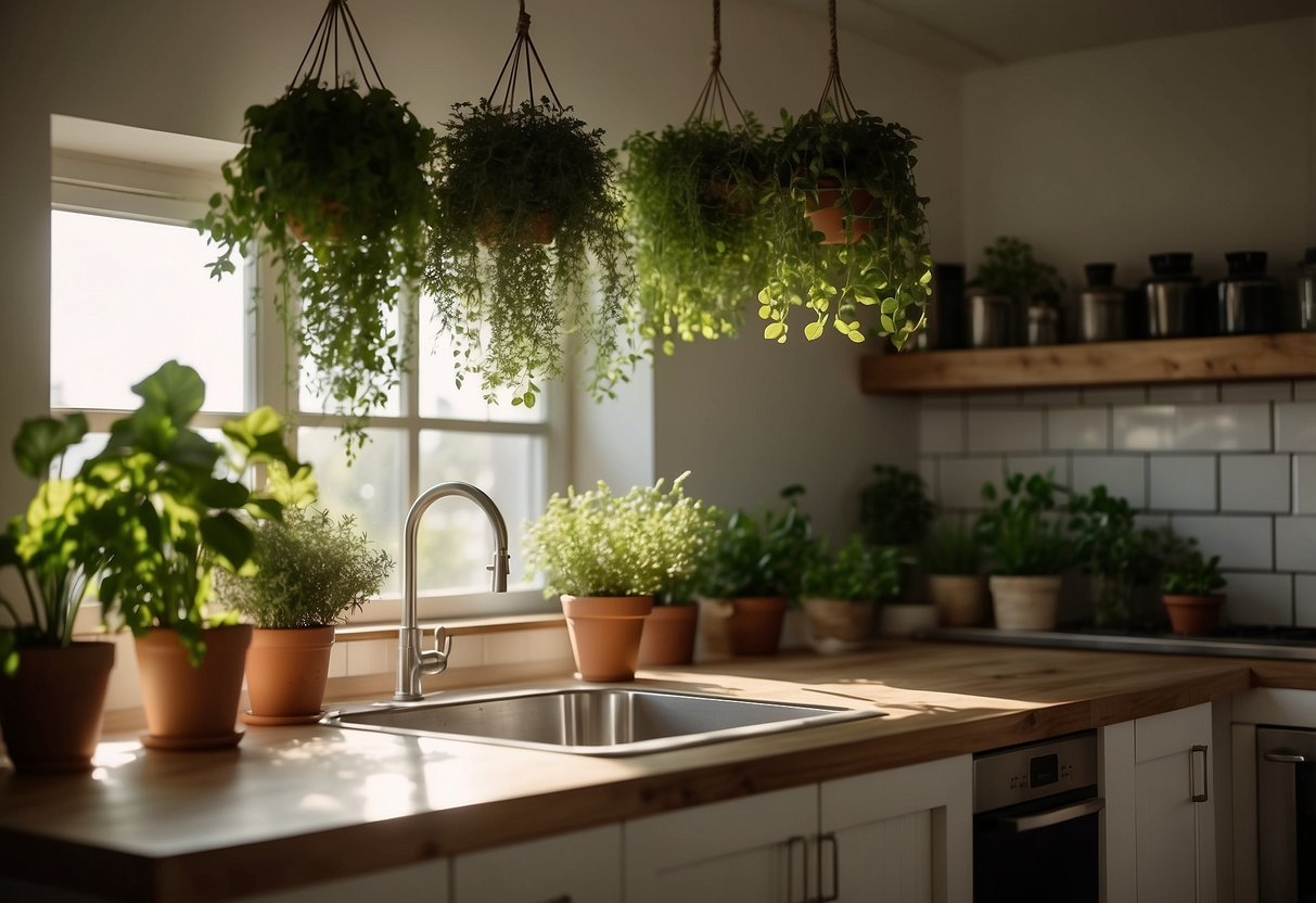 A spacious, sunlit kitchen with hanging planters filled with fragrant herbs. A wooden shelf holds potted basil, thyme, and rosemary, adding a touch of greenery to the room