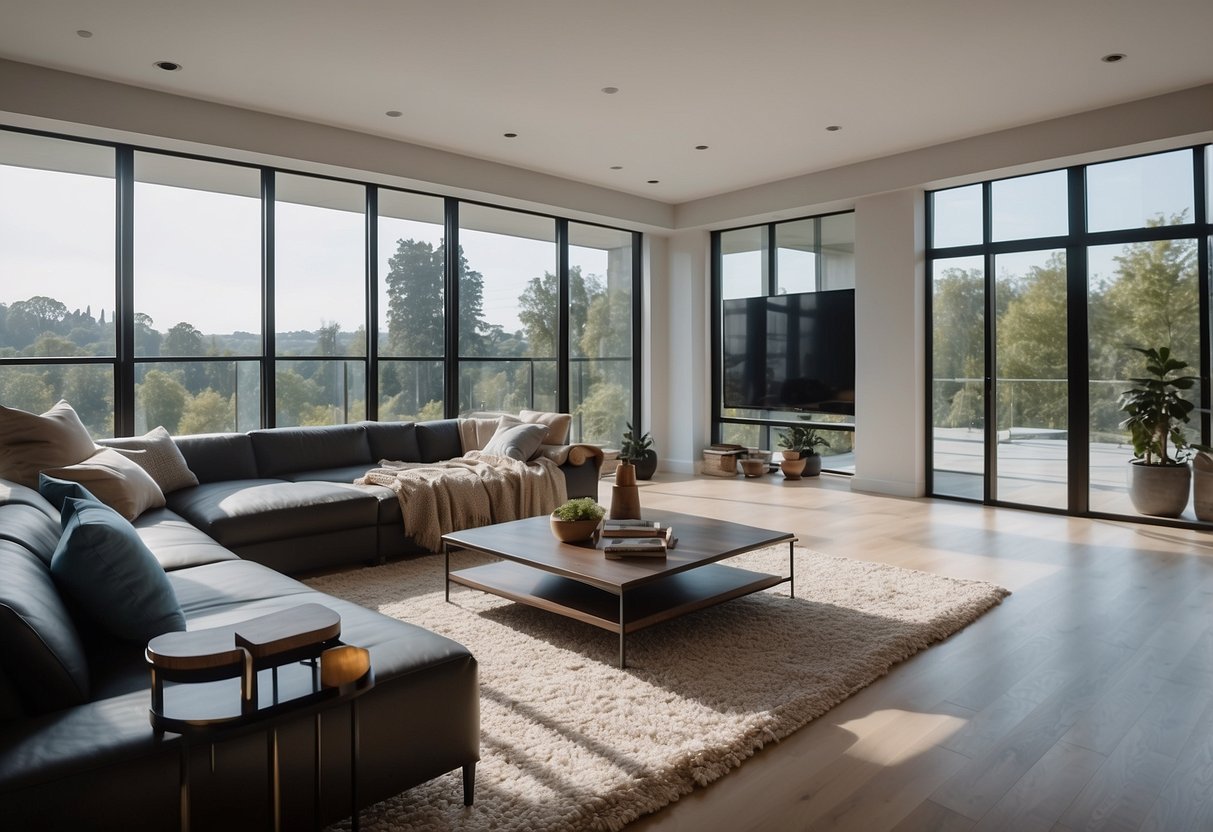 A spacious living room with open floor plan, minimal furniture, and strategic placement for easy movement. Large windows allow natural light to fill the room, creating a sense of openness and flow