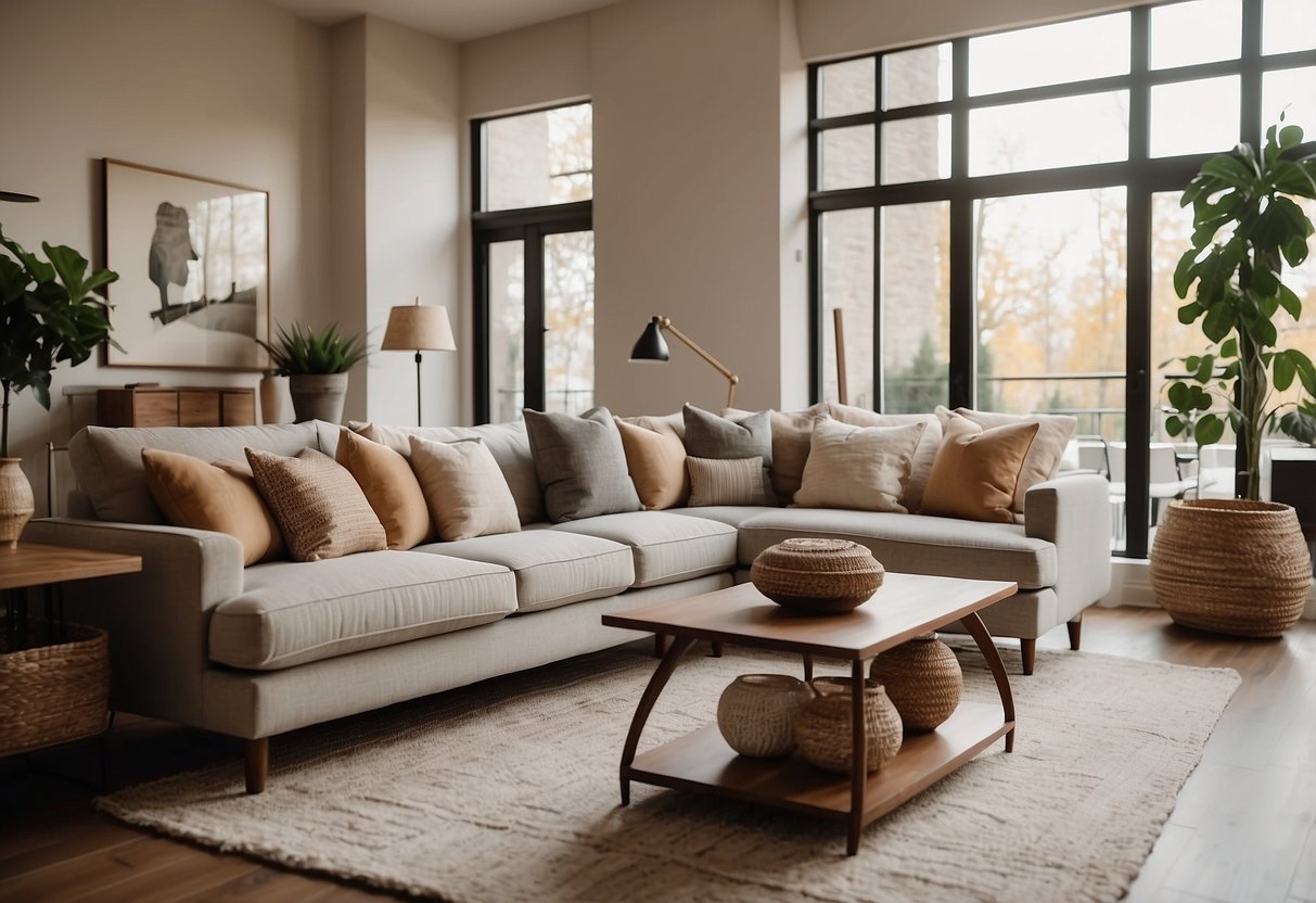 A spacious living room with warm, natural lighting and a neutral color palette. Cozy furniture and pops of color in accent pieces