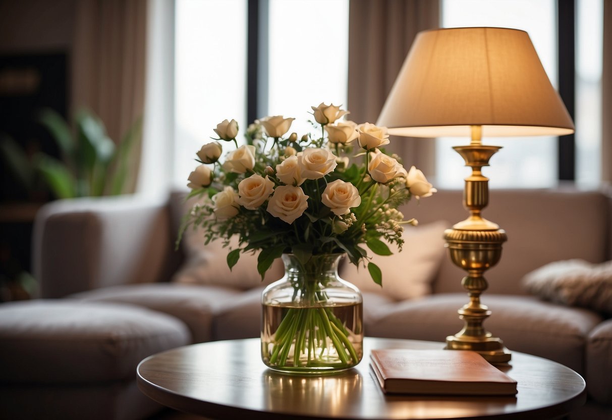 A cozy living room with a modern side table adorned with a vase of fresh flowers, a stack of books, and a decorative lamp