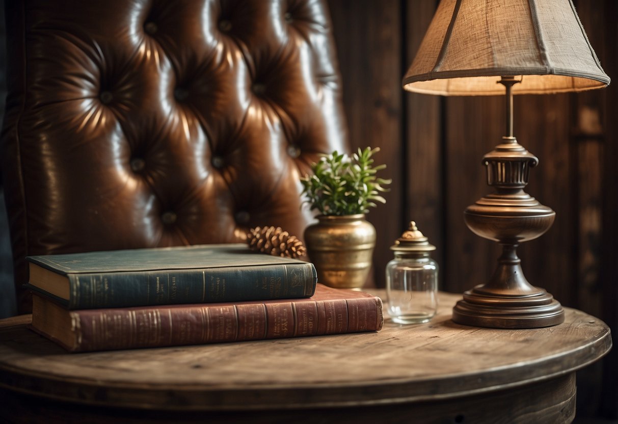 A rustic reclaimed wood accent table sits next to a cozy armchair, adorned with a vintage lamp and a stack of books