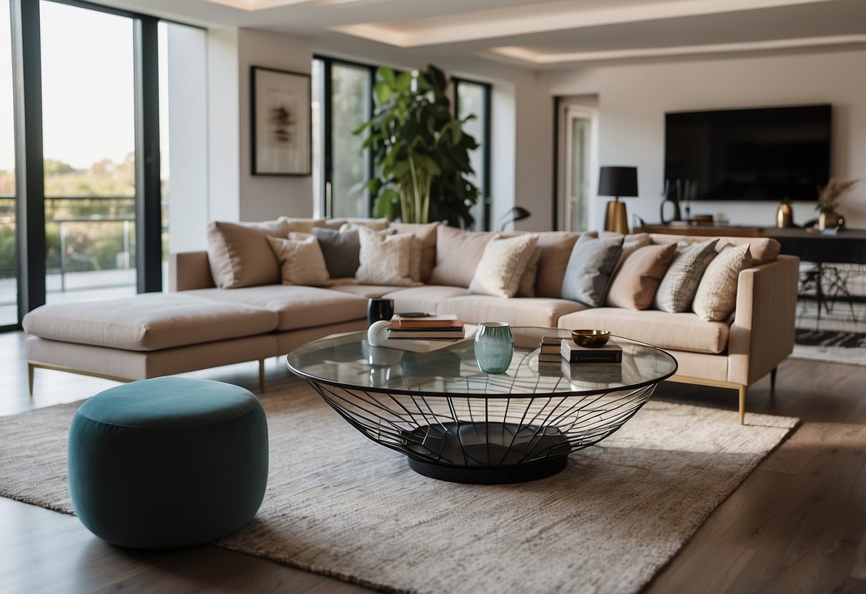 A sleek wire frame table sits in a modern living room, adorned with geometric decor and surrounded by contemporary furniture