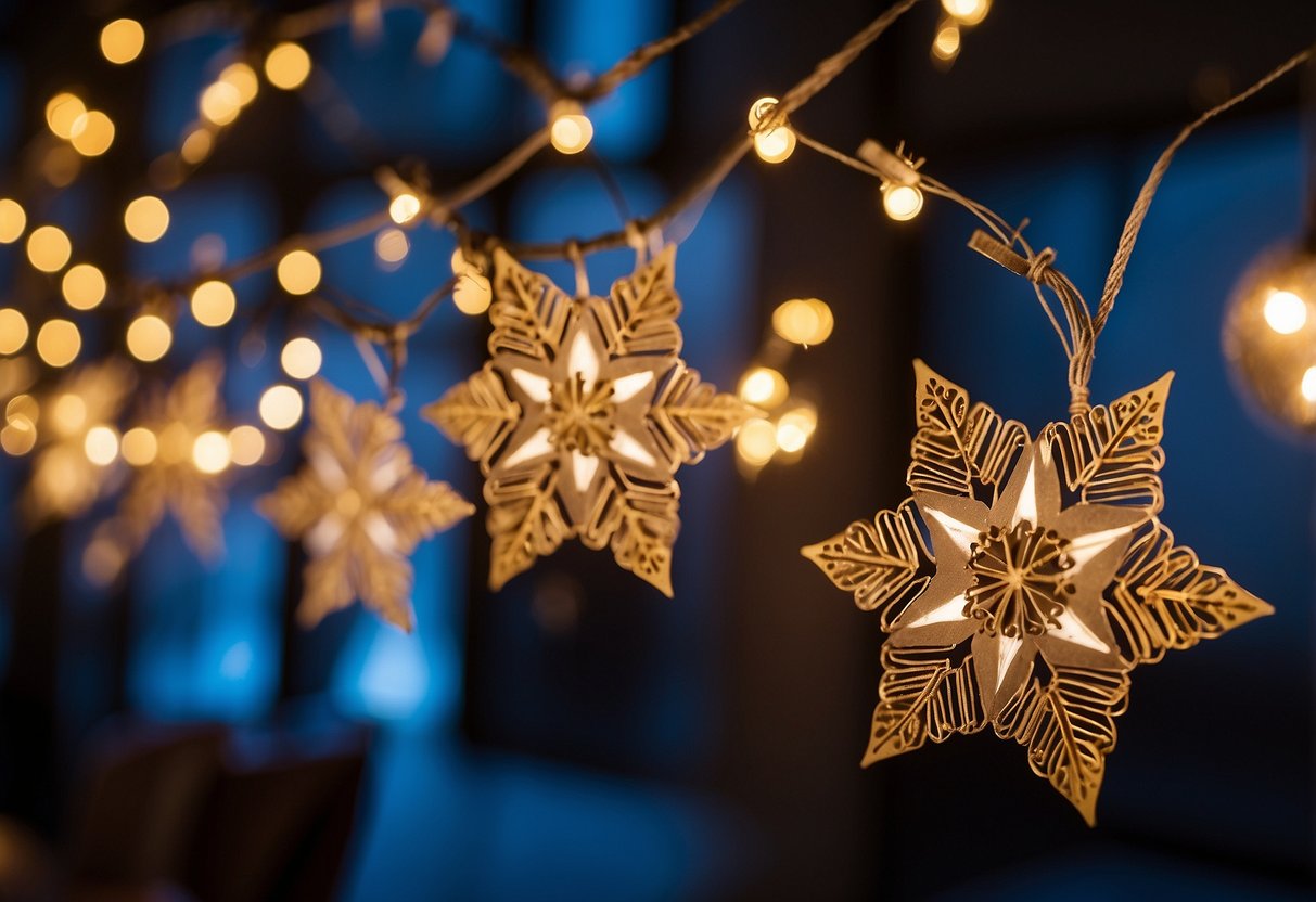 Colorful paper snowflakes hang from a string. A table displays handmade ornaments and a jar of twinkling fairy lights