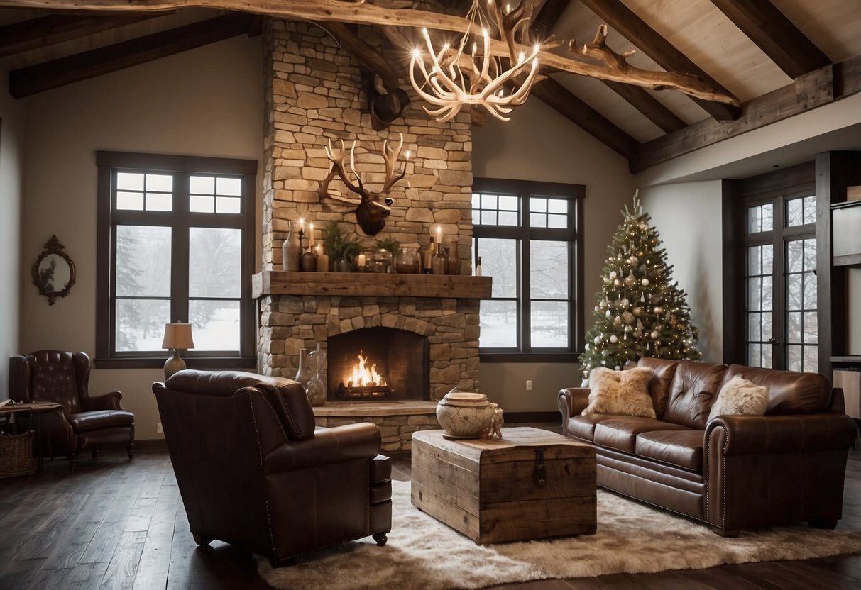 A rustic living room with a cowhide rug, leather armchair, and wooden coffee table. A mounted antler chandelier hangs from the ceiling, and a stone fireplace adds warmth to the space