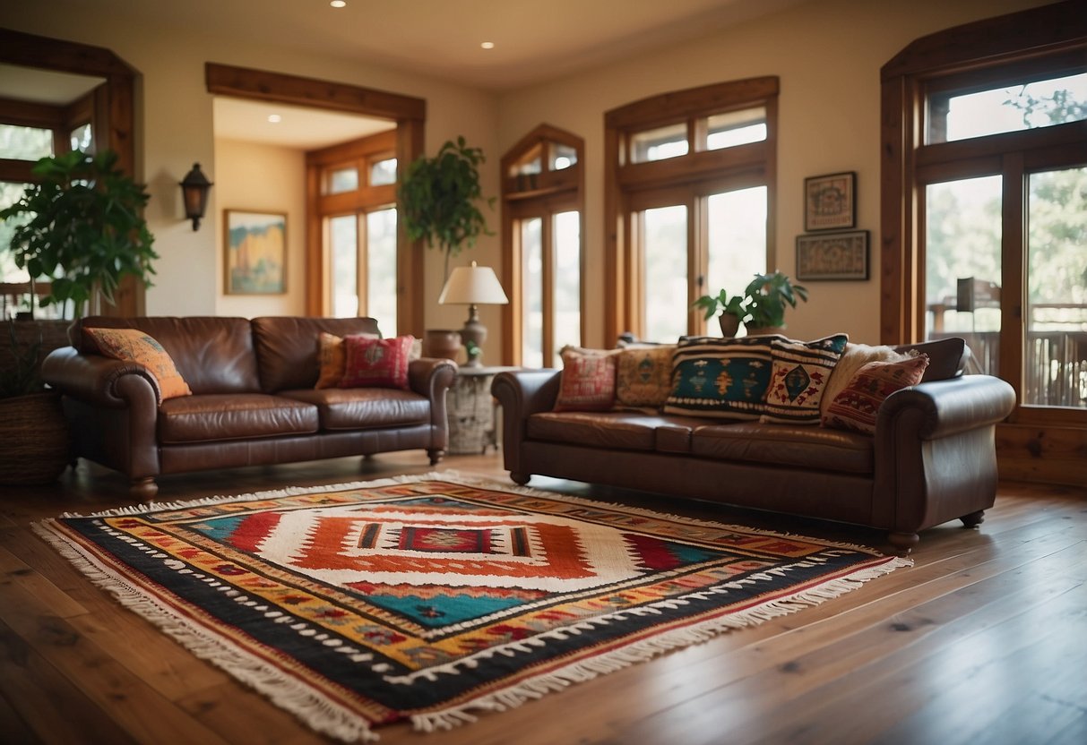 A colorful Southwestern Kilim rug lies on the hardwood floor of a cozy living room, adding a touch of traditional Western home decor