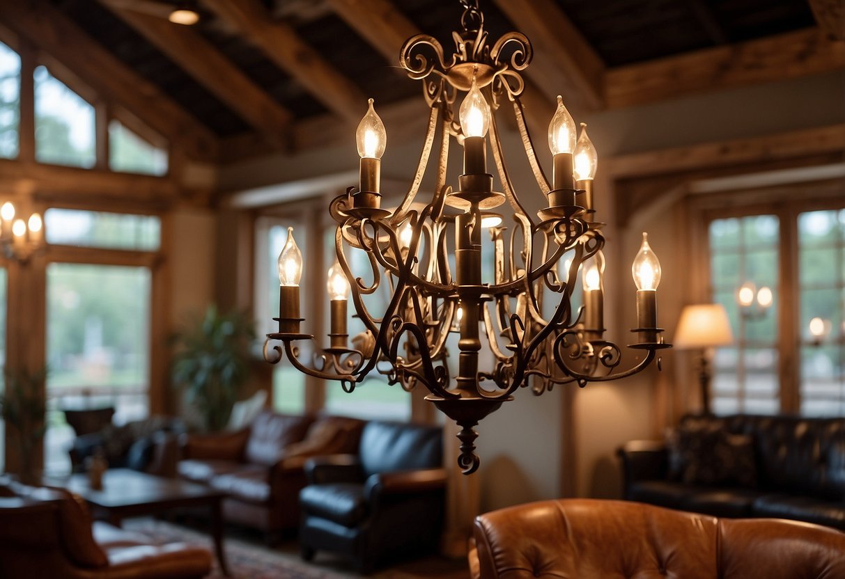 An antique iron chandelier hangs from a wooden beam, casting a warm glow over a rustic western living room with leather furniture and cowhide rugs