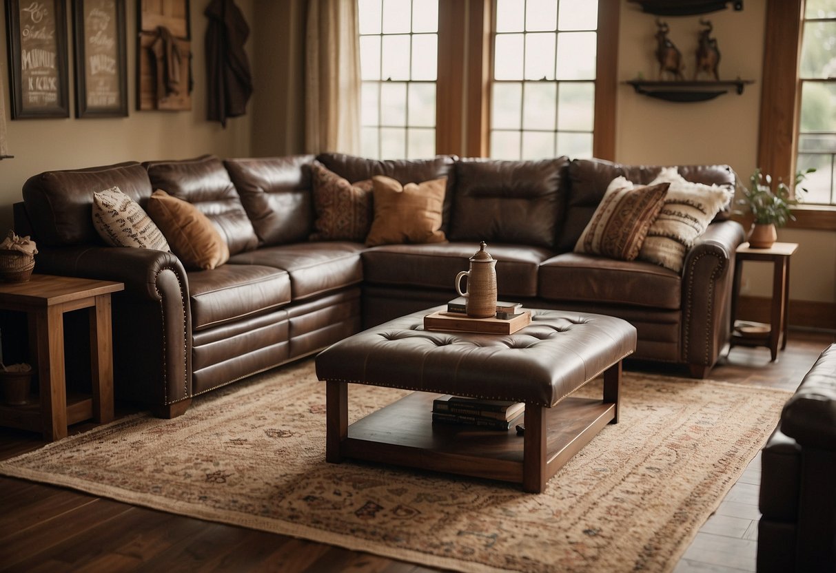 A leather sectional sofa sits in a cozy living room with western decor accents. A warm rug and rustic coffee table complete the inviting scene