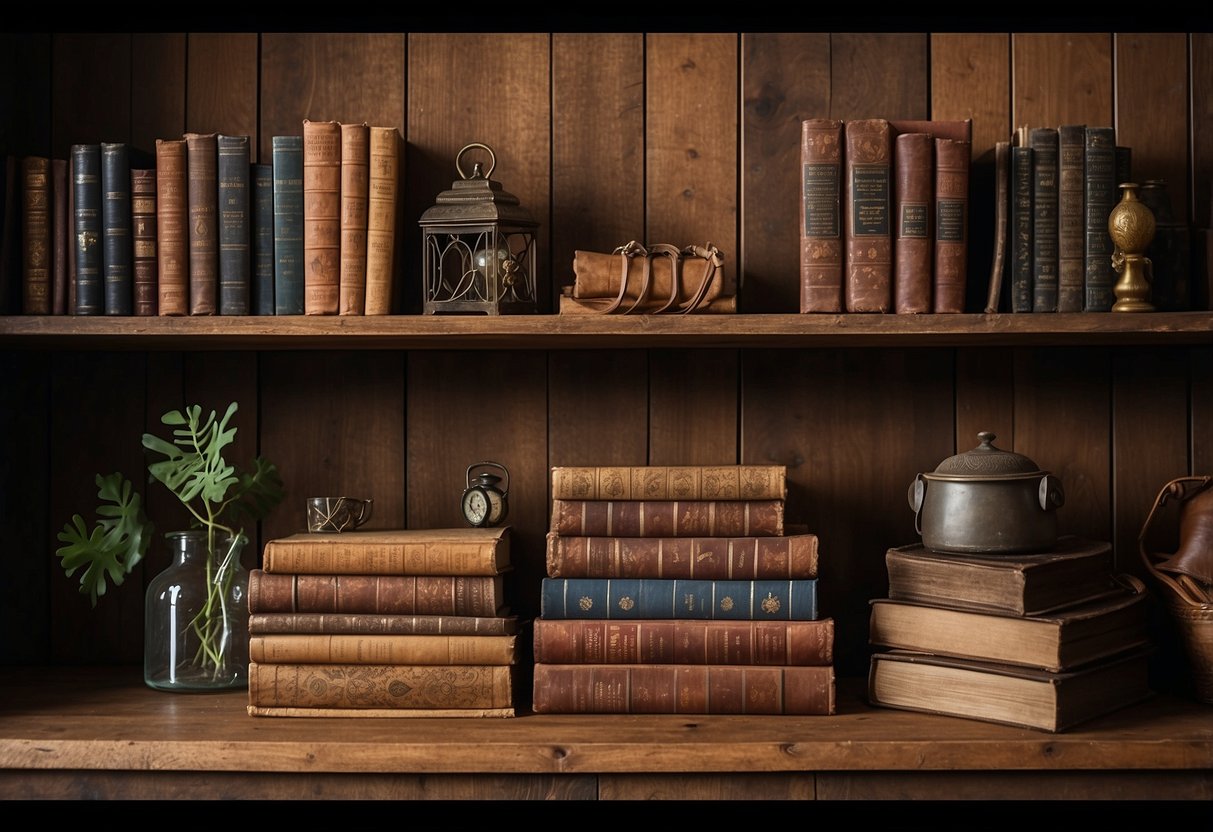 A rustic bookshelf made of reclaimed wood, adorned with leather-bound books and antique trinkets, sits against a backdrop of earthy tones and western-inspired decor