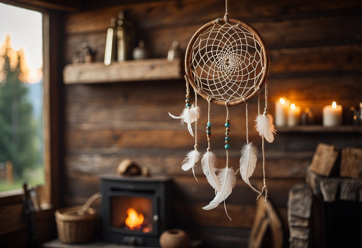 A rustic wooden wall adorned with a handcrafted dreamcatcher, feathers and beads, hanging above a cozy fireplace in a western-themed living room