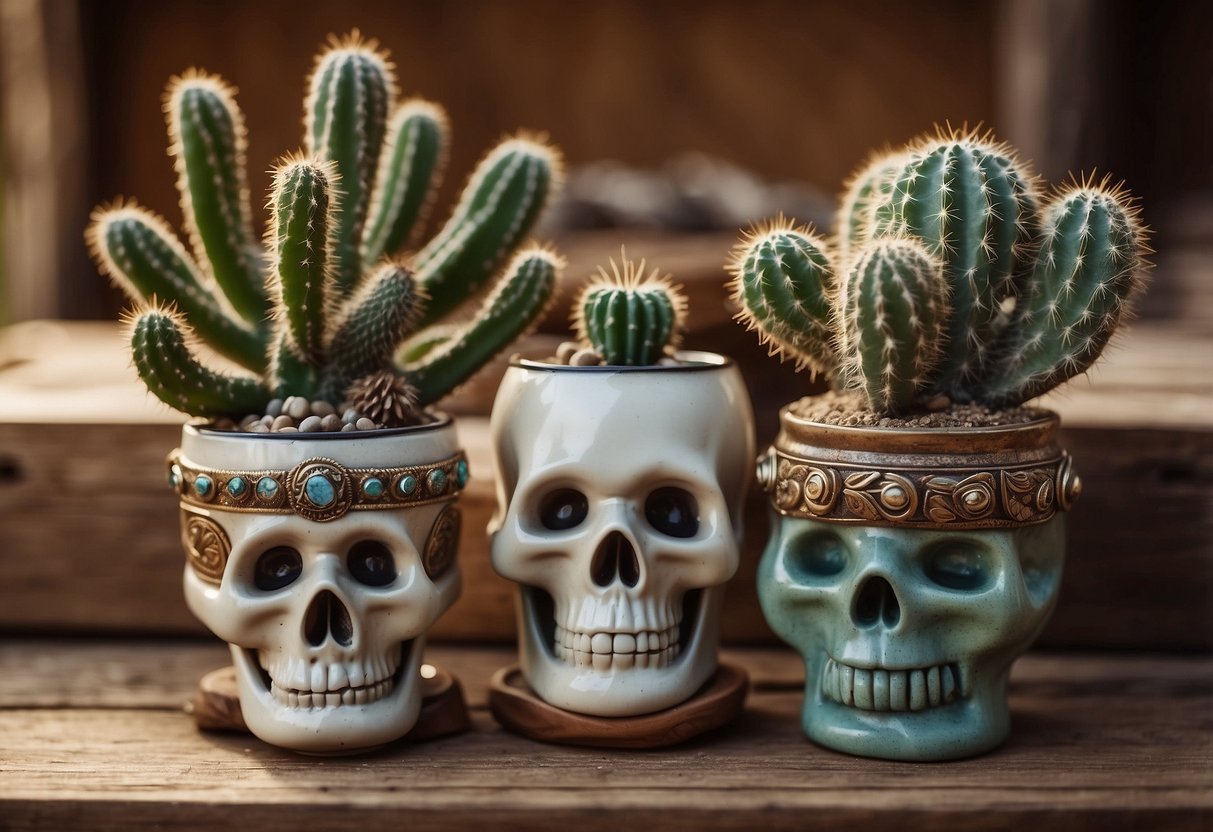 Three ceramic cactus planters sit on a wooden shelf, surrounded by rustic western decor. A cow skull and horseshoe add to the western theme