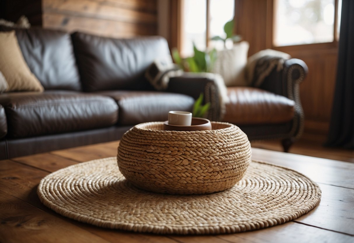 A rustic wooden table with a woven placemat, a leather armchair, and a cowhide rug on a hardwood floor in a cozy living room