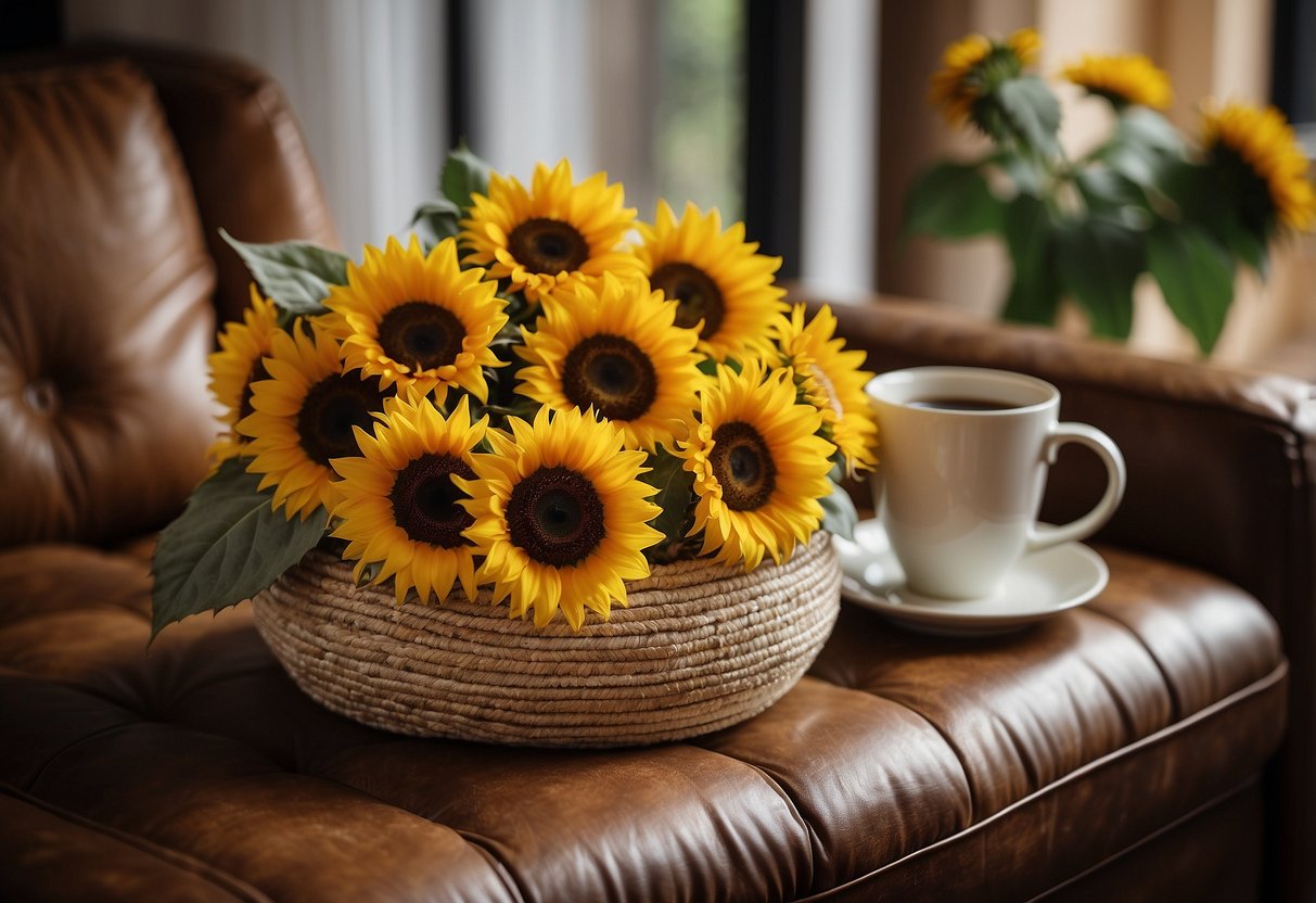 A sunflower wreath hangs on a wooden door, surrounded by sunflower-patterned pillows on a cozy couch. A vase of sunflowers sits on a rustic coffee table