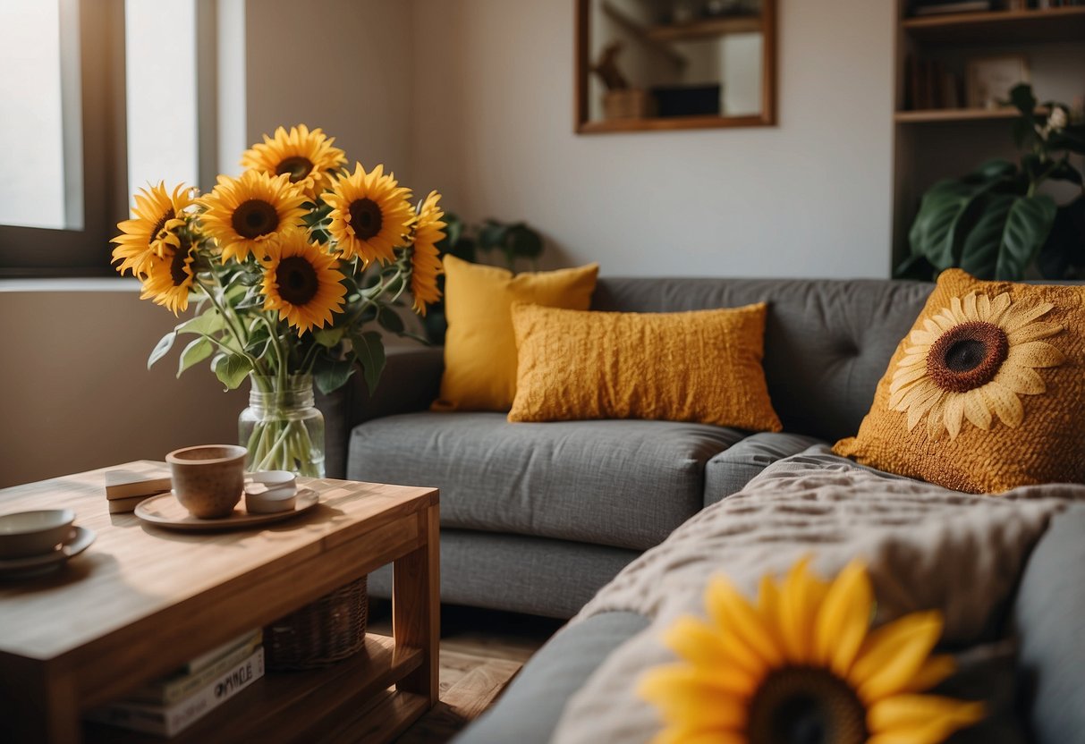 A cozy living room with sunflower throw pillows scattered on a comfortable couch, surrounded by sunflower-themed decor and warm natural lighting