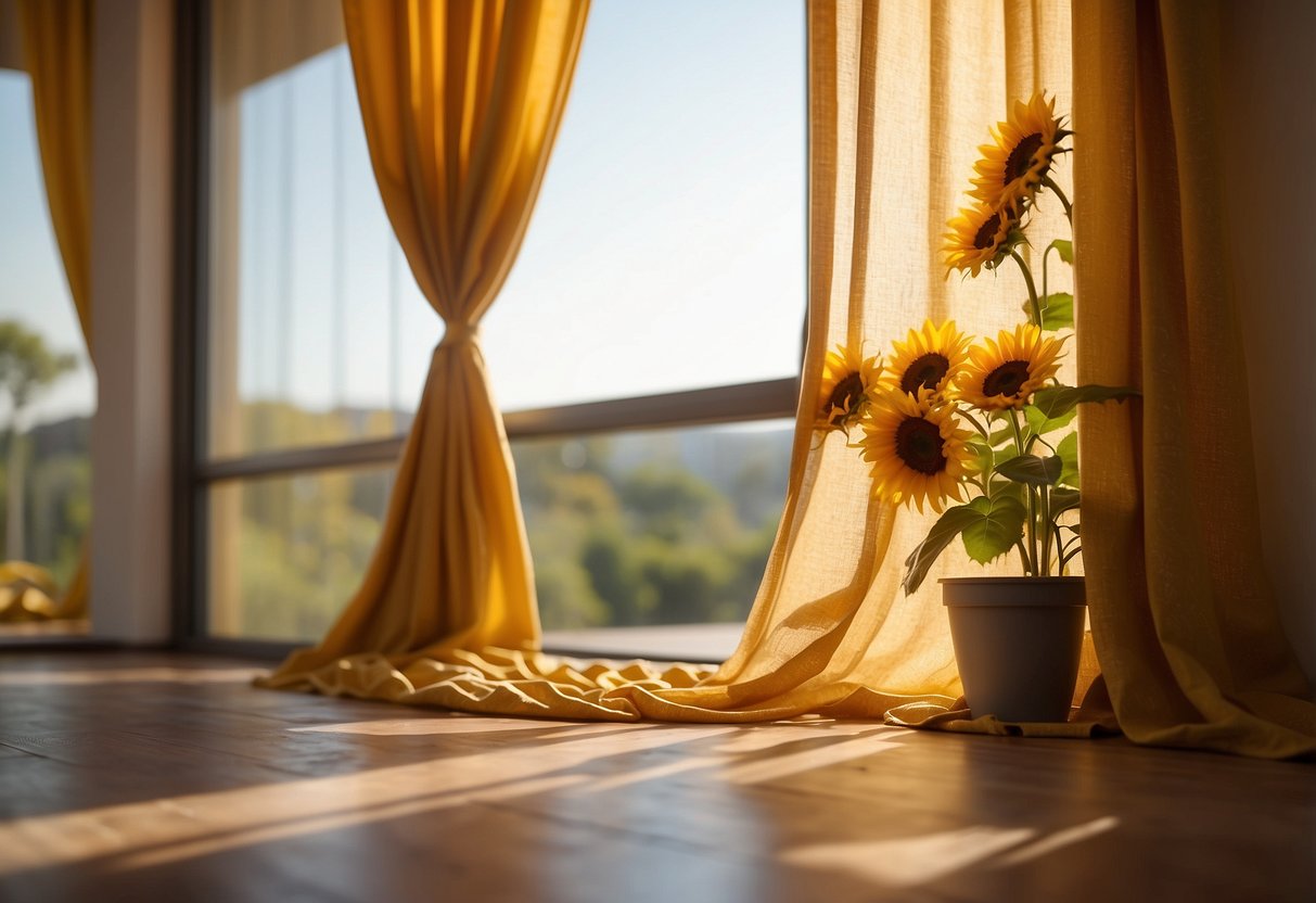 Sunflower curtains hang in a sunlit room, casting a warm yellow glow on the floor. The room is adorned with sunflower-themed decor, creating a cheerful and inviting atmosphere